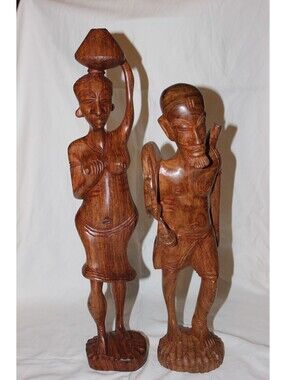 Vintage African Hand Carved Wood Statues Man Woman 21" Tribal Folk Art Pair